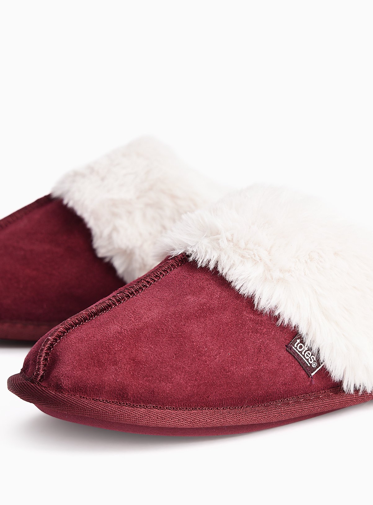 TOTES Berry Red Suede Faux Fur Trim Mule Slippers S - Image 3 thumbnail